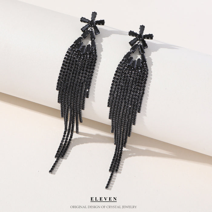 Silver Needle Floral Rhinestone Earrings - Dark Exaggerated Tassel Jewelry for Women