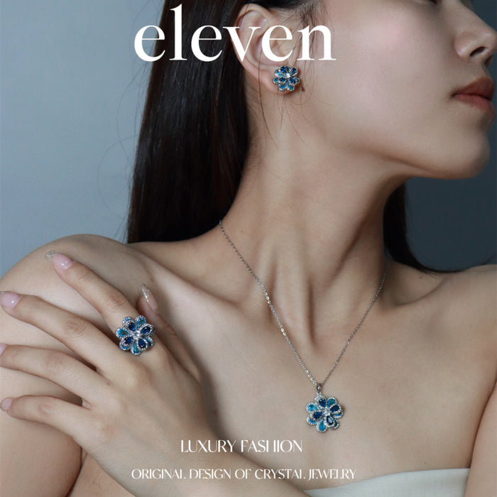 Luxury Flower Zircon Earrings - Blue Camellia Pendant Set for a Chic Look