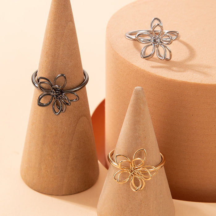 Three-dimensional flower hollow ring three-piece set simple geometric flower combination