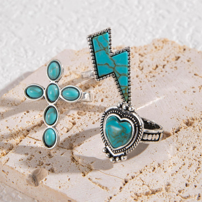 Retro Turquoise Cross Ring Set - Creative Lightning and Heart Three-Piece Set