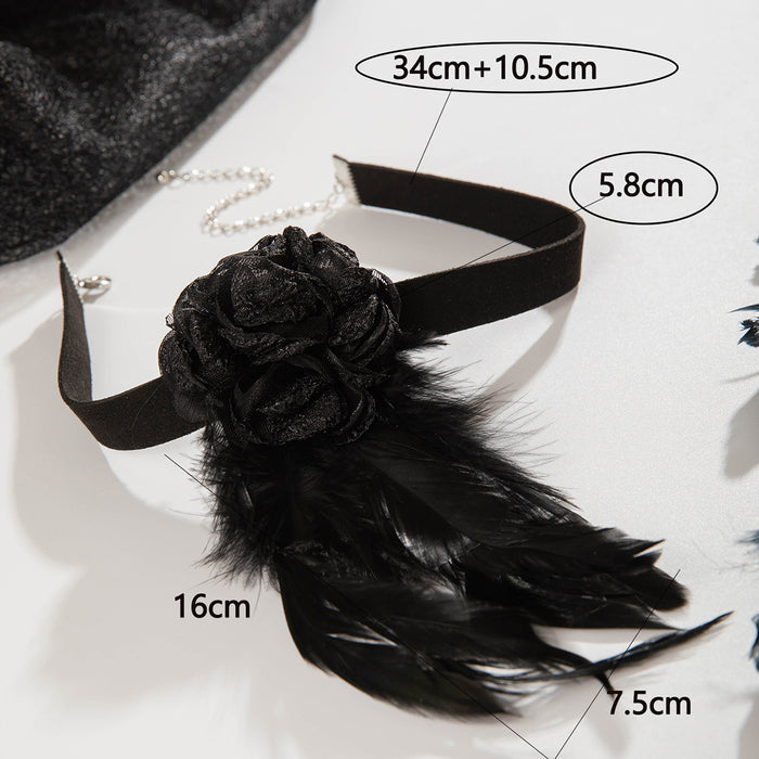 Halloween Gothic style black lace large flower feather choker