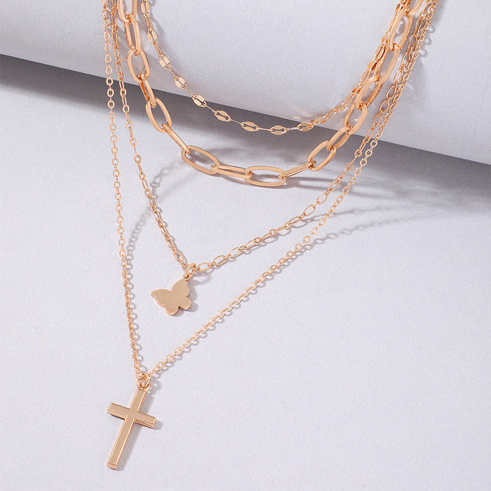 Butterfly & Cross Pendant Necklace - Multi-Layer Elegant Necklace for Women