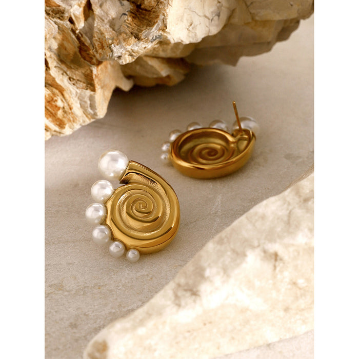 18K Gold Plated Stainless Steel Conch Earrings - Beach Style with Pearl Accent