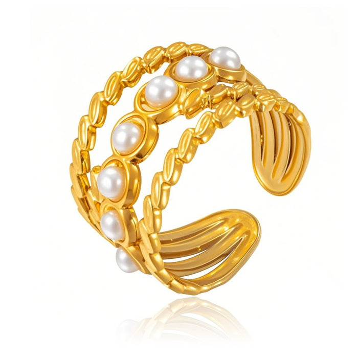 Wholesale stainless steel pearl-set geometric oval openwork ring