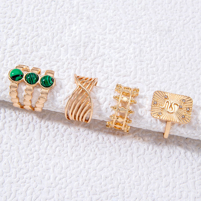 Punk Style Green Gemstone Snake Ring Set - 4pcs Geometric Exaggerated Rings