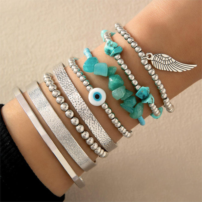 Juego de pulseras con cuentas de piedra turquesa sintética de estilo bohemio: joyería personalizada con forma de ojo de ala