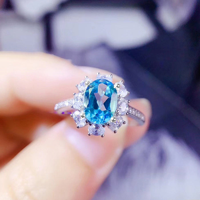 Colored Gemstone Series Ring Sea Blue Zircon Women's Ring Fashionable Tik Tok Live Broadcasting Model