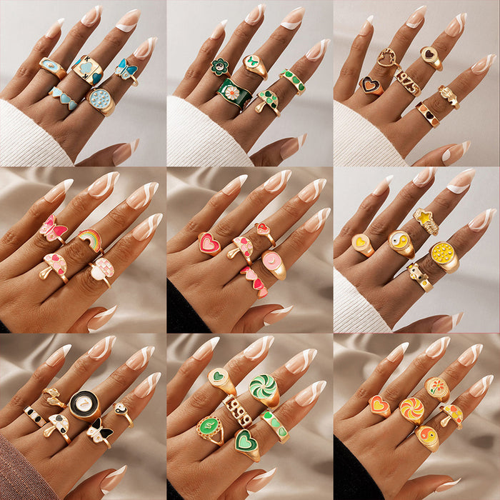 Colorful love flower pastoral style five-piece ring set