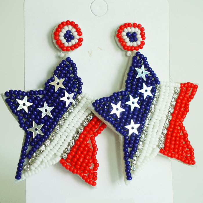 Patriotic Beaded Earrings with Handmade Bow, Rainbow Heart, and Star Designs