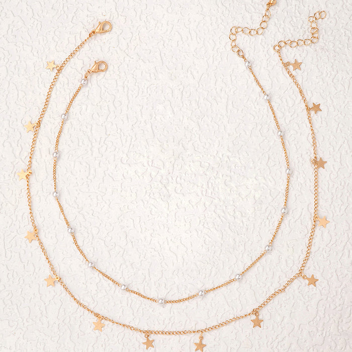 Collar de perlas y estrellas de doble capa: diseño minimalista de estrella de cinco puntas