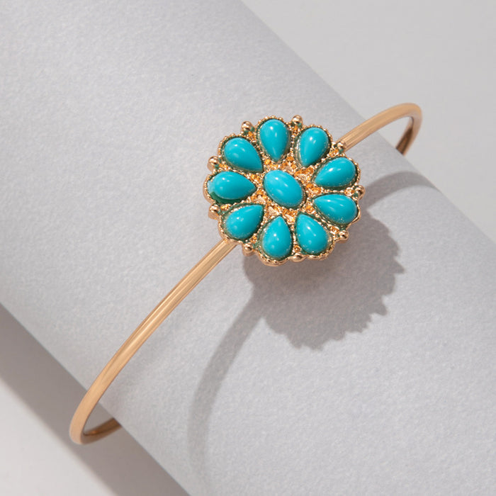 Turquoise Flower Rhinestone Bangle - Single Bracelet with Open Cuff Design