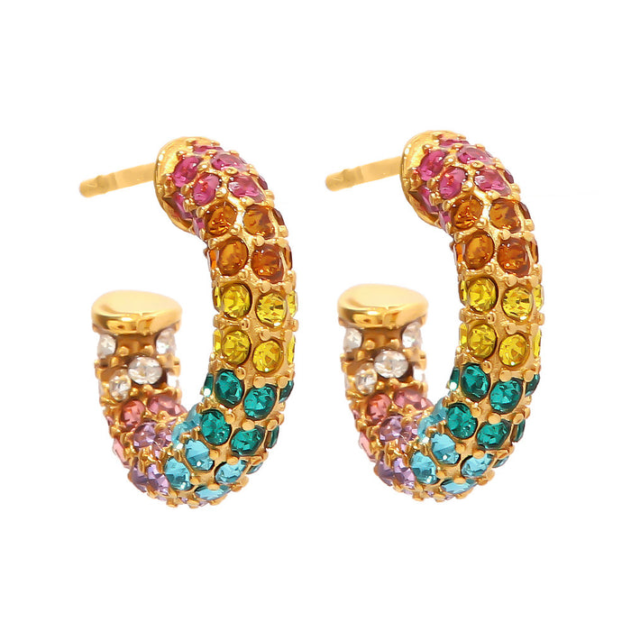 French Style New 18K Gold Plated Stainless Steel Earrings - Colorful Zircon Inlaid Hoop Jewelry for Women