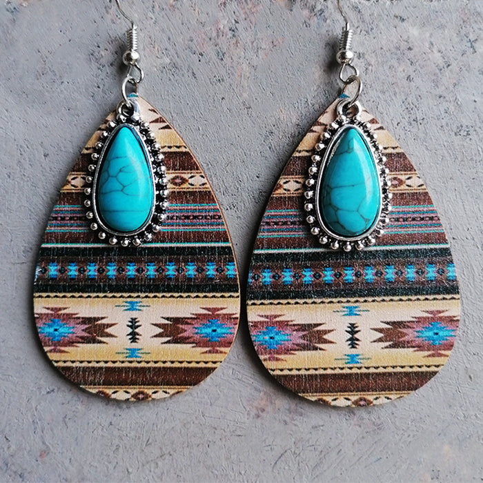 Turquoise Pendant Earrings with Aztec Western Bohemian Style