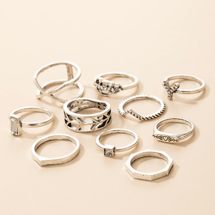 Vintage Diamond Leaf Letter Y Ring 10-Piece Set