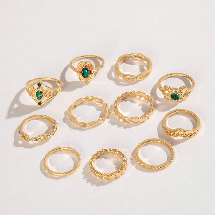 Retro Rhinestone and Faux Green Gemstone Geometric Ring Set