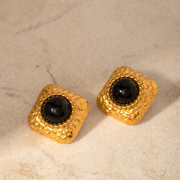 18K Gold Plated Stainless Steel Black Hammered Square Earrings - Geometric Non-Fading Jewelry for Women