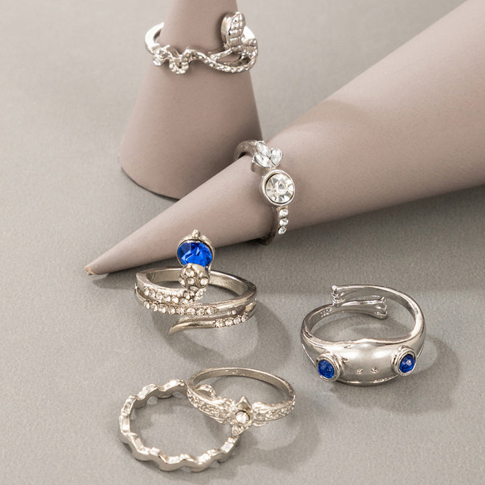 Blue diamond snake ring six-piece set irregular frog animal combination