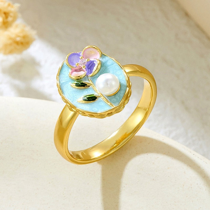 Wholesale copper micro-inlaid enamel painted drip flower open ring