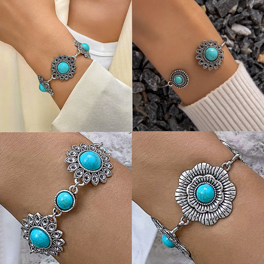 Conjunto de pulseras étnicas de aleación turquesa: joyería de moda bohemia