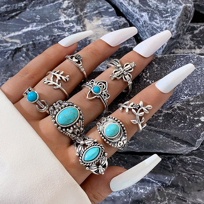 Bohemian Turquoise Exaggerated Ring Set - 9pcs Vintage Leaf Eye Rings