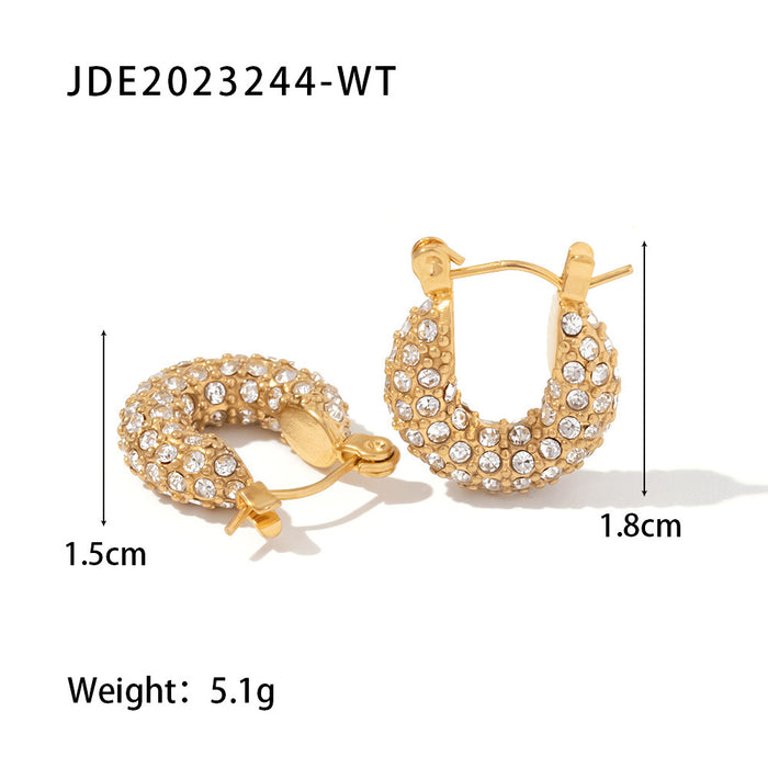 French Style New Fashionable Hoop Earrings - 18K Gold Plated Stainless Steel Green/White Square Zircon Jewelry