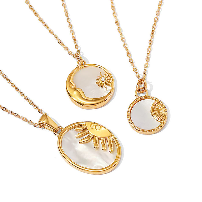 18K Gold-Plated Stainless Steel Oval Sun and Moon Pendant Necklace with White Shell - Vintage Style