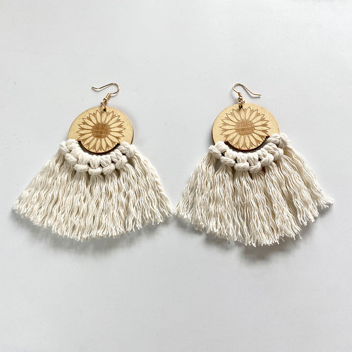 Wooden Sunflower Tassel Earrings with Ethnic Style