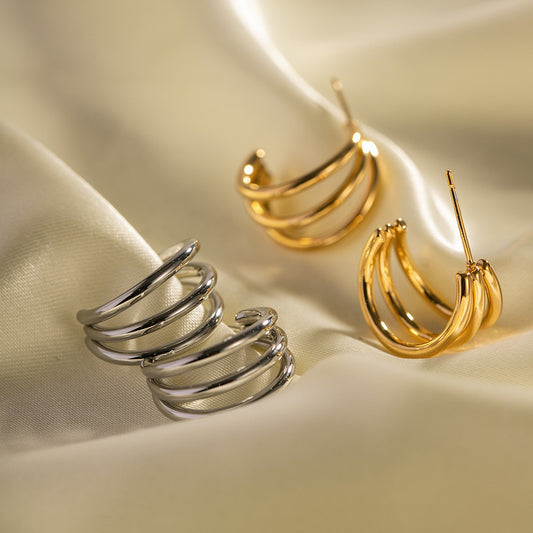 French Style Minimalist Geometric Titanium Steel Earrings - 18K Gold Polished Triple-Line Design