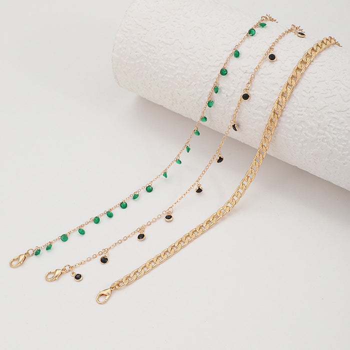 Green Rhinestone Tassel Anklet Set - Multilayer Geometric Jewelry