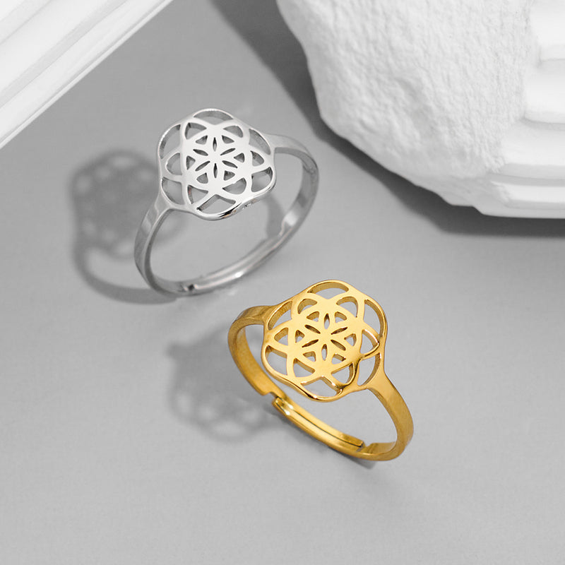Anillo de flor de mandala, anillo abierto hueco de acero inoxidable galvanizado de 18 quilates al por mayor
