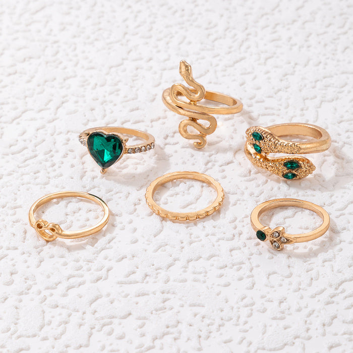 Emerald inlaid heart ring set, geometric snake zodiac six-piece set