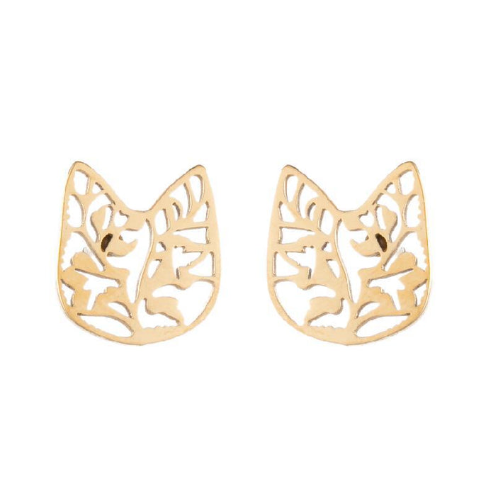 Cat Stainless Steel Stud Earrings - Spring-Inspired Floral and Leaf Jewelry