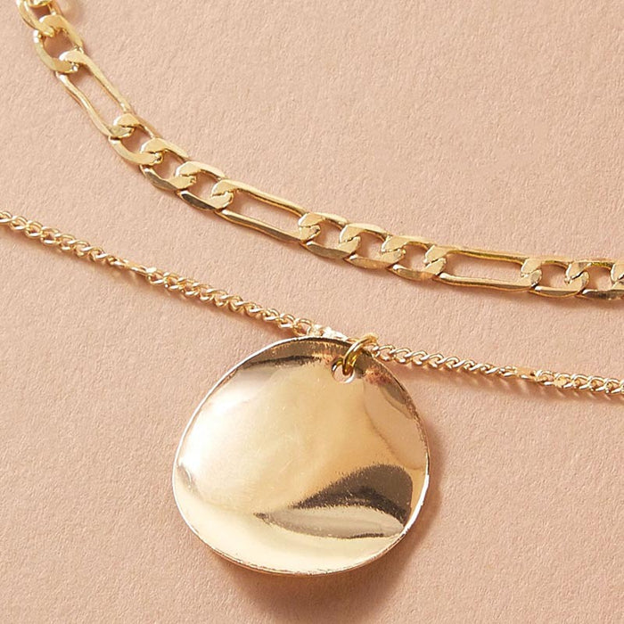 Alloy Round Disc Double Layer Necklace with Geometric Chain Multi-Layer Design