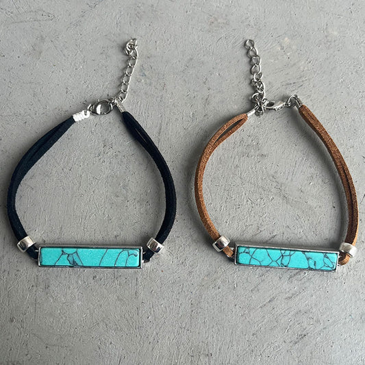 Simple Turquoise Bracelet with Geometric Bar and Western Cowboy Leather Design