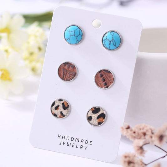 Minimalist Leopard Print Leather Earrings Set with Turquoise Accents in a Vintage and Unique Design