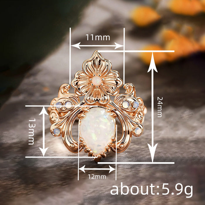 Women's teardrop micro-inlaid imitation opal forest style small fresh ring