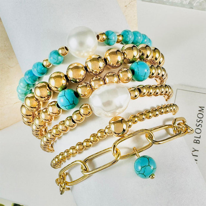 Turquoise Bead Bracelet Set with Bohemian Multilayer Design - Six Pieces