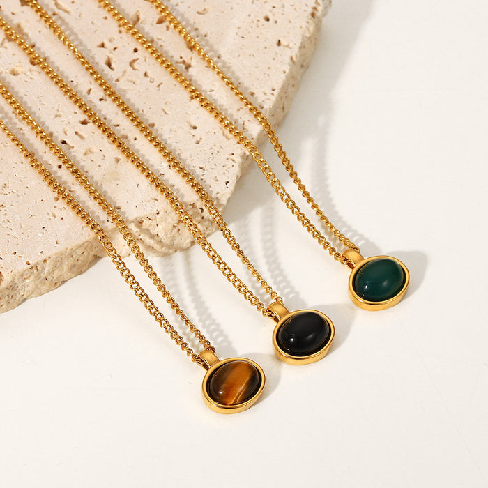 Vintage Oval Natural Stone Pendant Necklace - 18K Gold-Plated Stainless Steel Chain for a Timeless Look