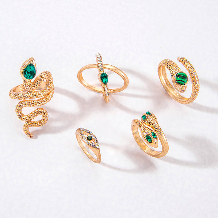 Punk Style Gemstone Snake Ring Set - 5pcs Exaggerated Eye Rings