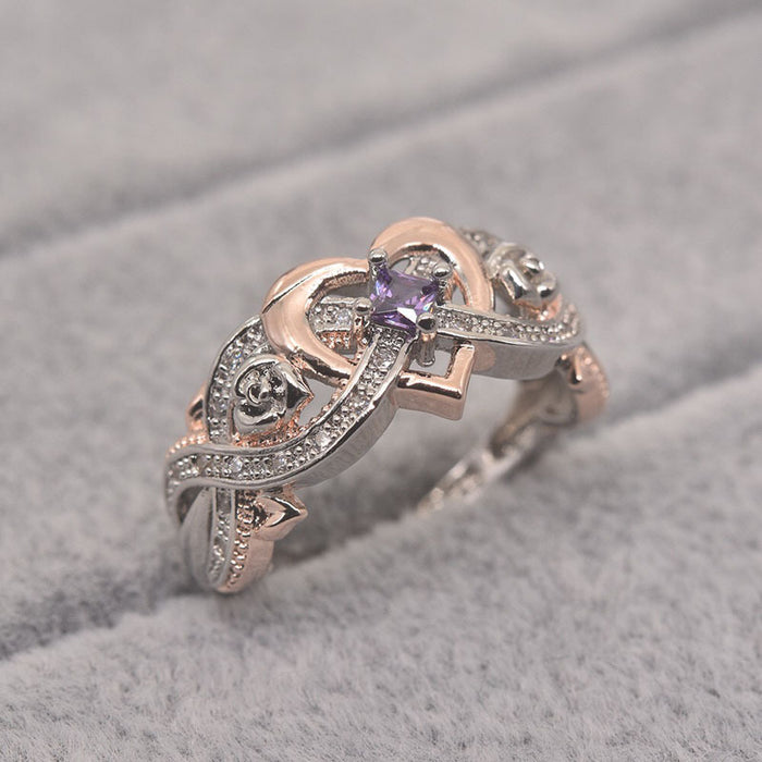 Anillo de oro rosa con circonitas de dos tonos en forma de corazón, anillo de diamantes estilo princesa