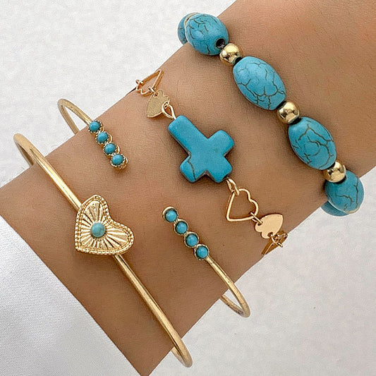 Conjunto de pulseras con cruz y corazón de turquesa: joyería retro de cuatro piezas