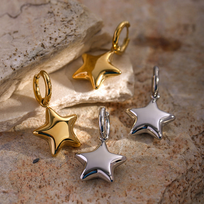 16K gold stainless steel polished three-dimensional five-pointed star earrings with simple design