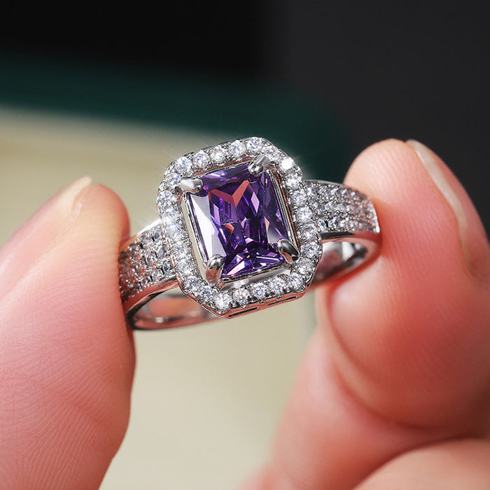 Anillo cuadrado de doble capa con topacio y diamante morado