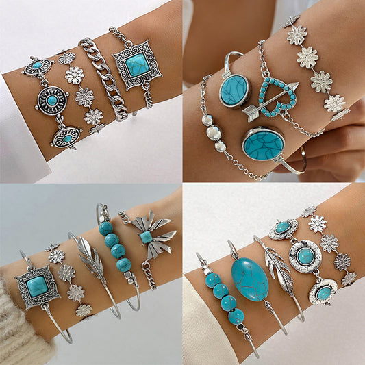 Juego de pulseras con hojas y mariposas de turquesa bohemia: joyería étnica con flores