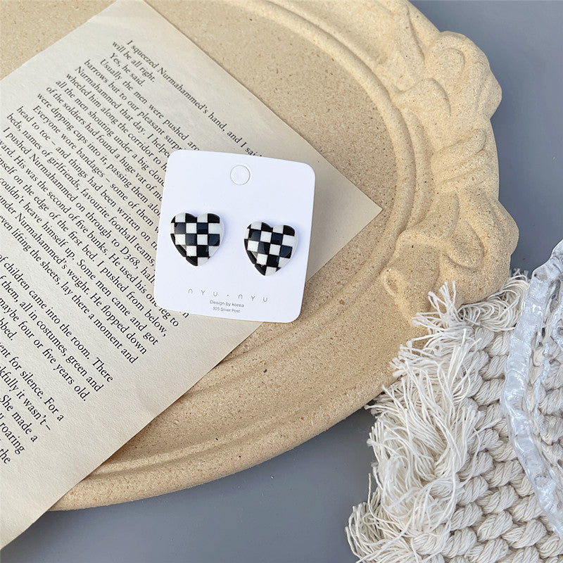 Japanese and Korean cold style retro checkerboard earrings personality 925 silver earrings - wallojewerly 