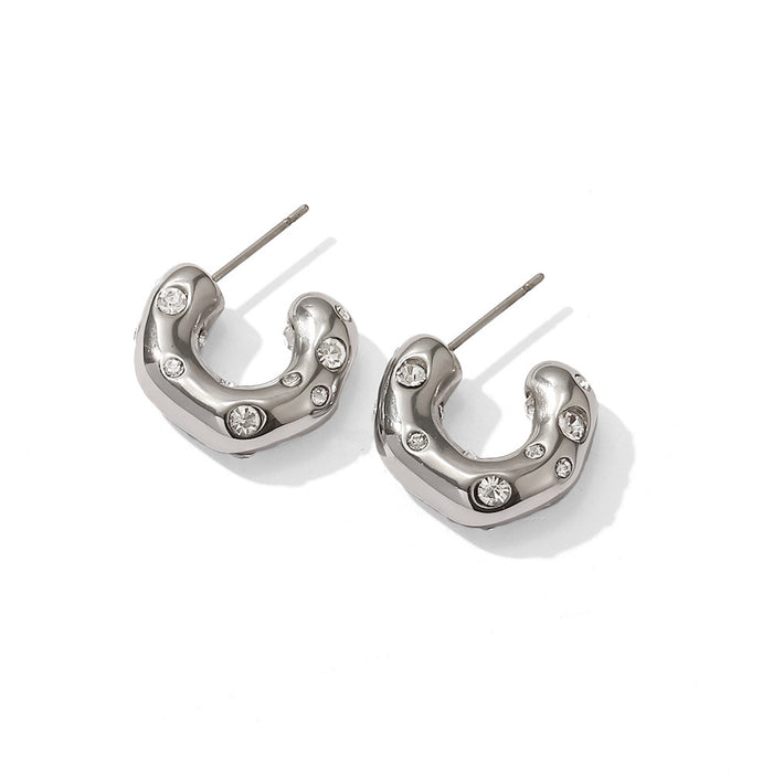 French Style Titanium Steel Earrings - Hammered Zircon C-Shaped Earrings