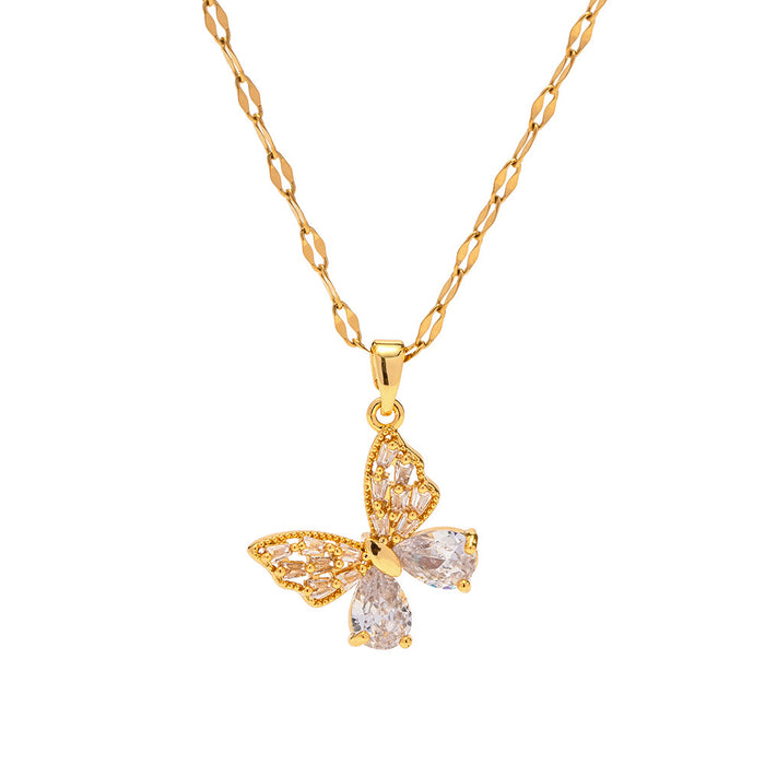 18K Gold-Plated Butterfly Pendant Necklace - Non-Fading Stainless Steel Zircon Jewelry for Women