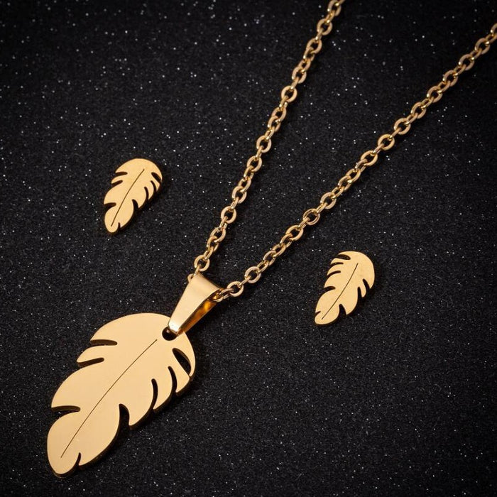 18K gold feather pendant necklace, new modern style small fresh leaf earrings jewelry set ins style