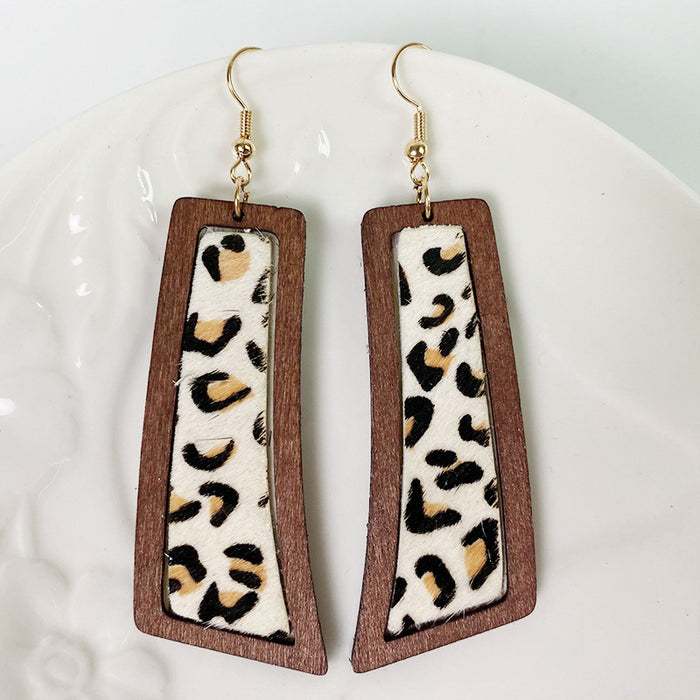 Bohemian Geometric Earrings with Leopard Print and Gold Dots on Cowhide Leather and Wood