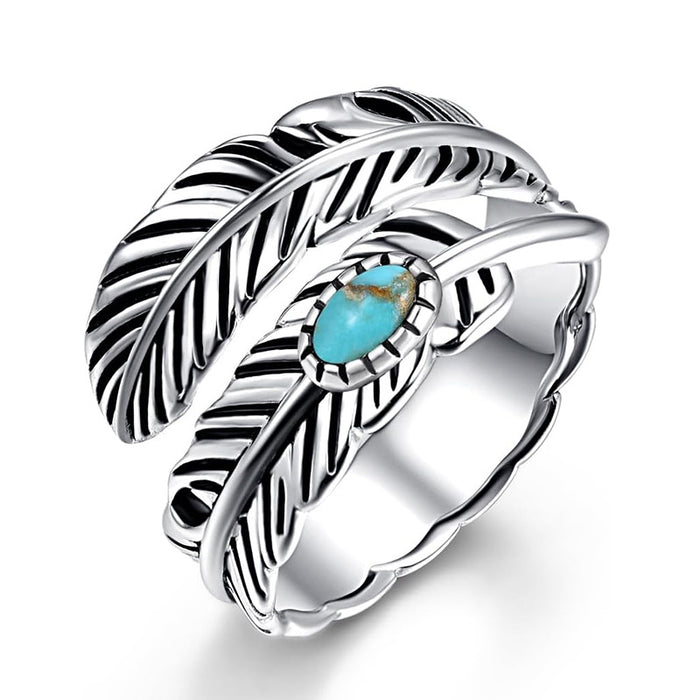 Vintage Bohemian style ring inlaid with feathers adjustable single ring